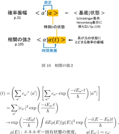 図 10 相関の強さ C(t) = ( ∑ a ′ c a ′ ∗ ⟨ a ′ | ) [ ∑a′′ c a ′′ exp ( − iE a ′′ tℏ ) | a ′′ ⟩ ] = ∑ a ′ | c a ′ | 2 exp ( − iE a ′ tℏ ) → exp ( − iE 0 t ℏ ) ∫